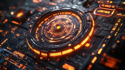 A close-up view of a futuristic control panel featuring glowing orange circuitry, highlighting advanced technology and digital designs.