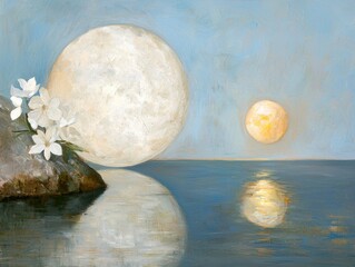Tranquil celestial scene with dual suns serene ocean digital calm environment artistic viewpoint