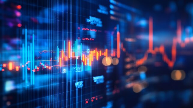 Dynamic stock market expansion with digital financial charts, graphs, and indicators on dark blue blurred background for business investment and data analysis