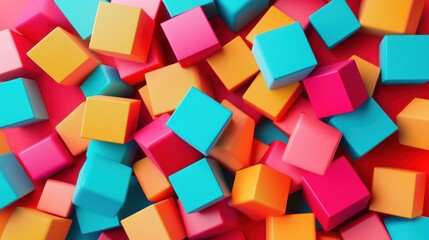 Abstract Colorful Cubes Background: A vibrant 3D rendering of multicolored cubes, creating a dynamic and playful composition.