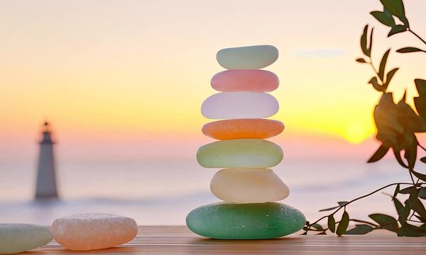 stack of colorful stone pills on a beach with the sun setting behind them