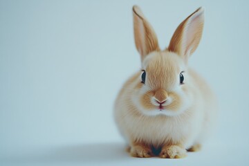Obraz premium a close up of a fluffy tan rabbit against a light blue background