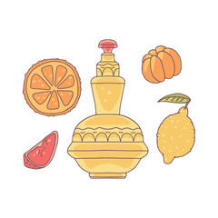Vector illustration with perfume vintage glass bottle with orange and lemon fragrance.