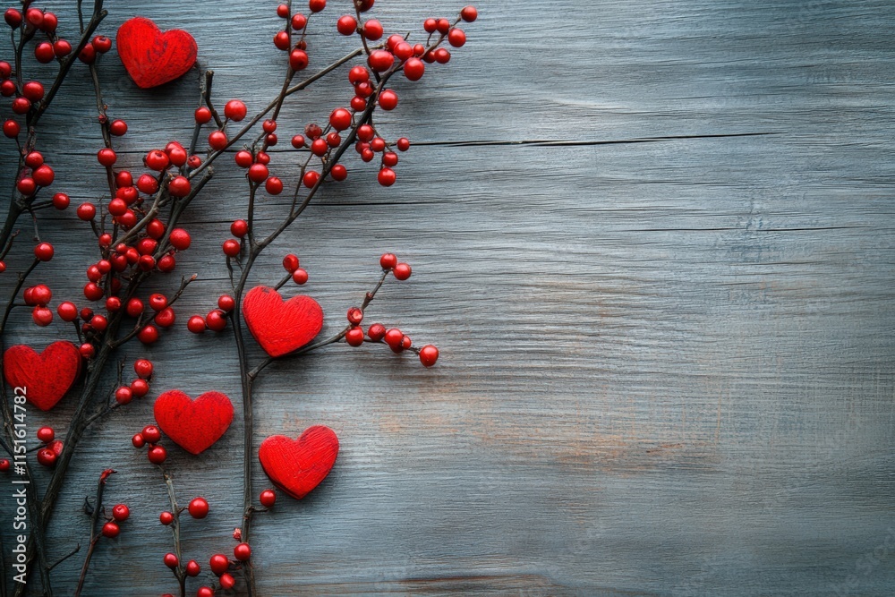 Wall mural Warm and inviting abstract design featuring hearts and red berries on a natural wood background