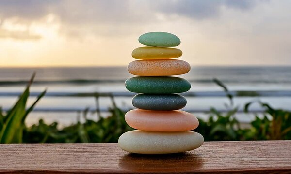stack of colorful stone pills on a beach with the sun setting behind them