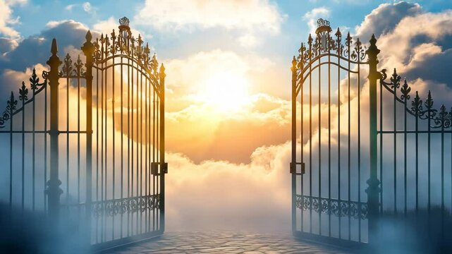 Ornate iron gates opening to a heavenly scene with clouds and radiant sunlight, symbolizing peace, hope, and transcendence.