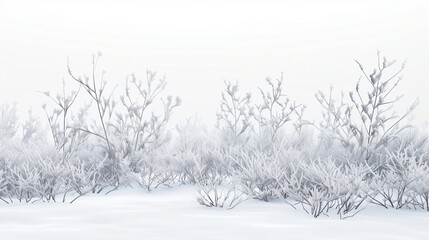 Fototapeta premium A realistic depiction of a snowy winter scene with delicate frost and icy branches, isolated against a stark white backdrop.