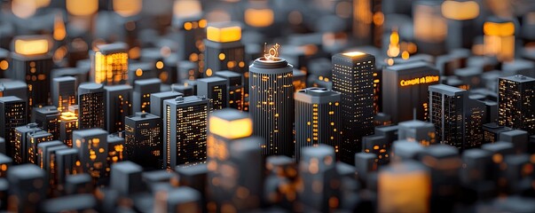 A close-up view of a vibrant city skyline illuminated at night, showcasing various buildings and lighting that create a dynamic urban atmosphere.