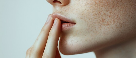 close up of person touching lips with freckled skin