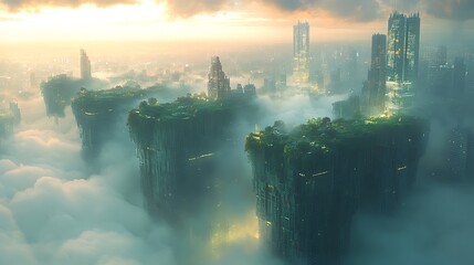 Naklejka premium Futuristic City Towers Above Cloudscape At Sunset