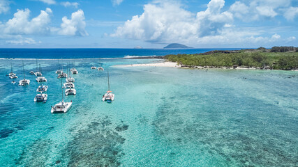 Panoramic aerial view of Île Plate (Flat Island) and Round island are picturesque islands in the Indian Ocean, located off the northern coast of Mauritius. © Alex Pelikh