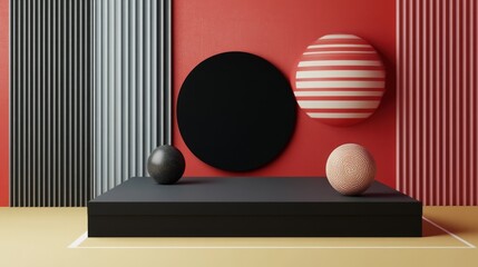 Abstract Geometric Composition: Red, Black, and Beige 3D Render