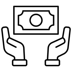 Earning Money Icon, Hand Holding Money Icon, Black And White Outline Icon Symbol
