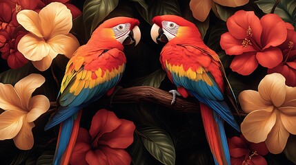 Obraz premium Two Scarlet Macaws Perched Among Hibiscus Flowers