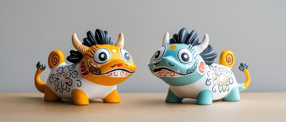 Colorful handmade ceramic animal figurines on wooden table