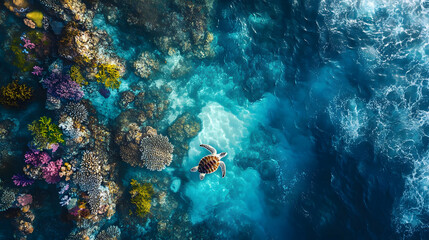 Obraz premium Sea Turtle in Vibrant Coral Reef: An Underwater Paradise