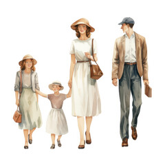 A watercolor painting depicts a family of four, a mother, father, and two daughters,  happily strolling together outdoors.