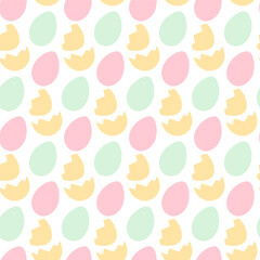Colorful Easter eggs and Cracked eggshell Seamless pattern in trendy soft shades. Festive background