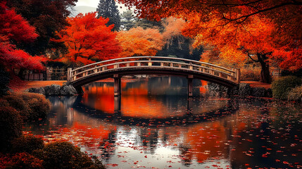 Autumn Serenity: A Wooden Bridge Reflecting in a Calm Pond