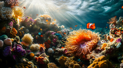 Obraz premium Vibrant Coral Reef Underwater Scene with Tropical Fish