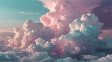 A background of pastel sky with fluffy pink, lilac, and turquoise clouds.
