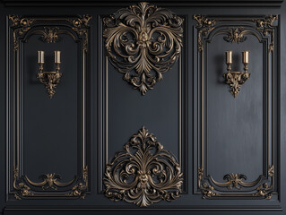 Black Luxury wall panel in classical style with sconces  