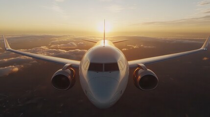 Airplane Soaring Above Clouds During Sunset