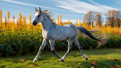 A young grey dapple horse gracefully walking through a vibrant autumn meadow, surrounded by golden leaves, with a soft, warm sunset illuminating the scene.