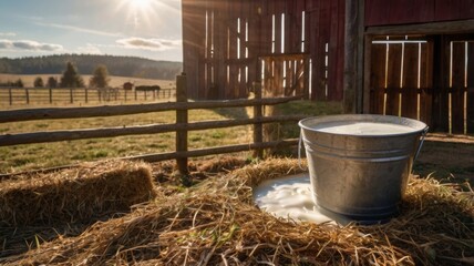 A metal milk bucket rests in a barn with hay on the floor and sunlight streaming through the slats.