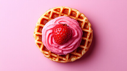 Fototapeta premium Strawberry and pink cream on a waffle.