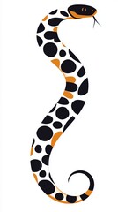 Artistic depiction of a stylized snake with black and orange spots on a white background, emphasizing a bold design.