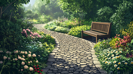 A newly paved garden path with clinker stones, bordered by flower beds and lush green foliage, leading to a wooden bench. Cinder. Illustration