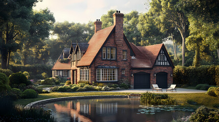 Obraz premium A modern, cozy, clinker home on the ponds with a garage and pool you can buy or rent. beautiful landscaping in the background. Cinder. Illustration