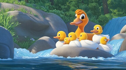 Mother Duck and Ducklings by a Waterfall