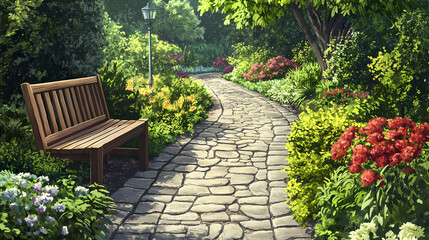 Naklejka premium A newly paved garden path with clinker stones, bordered by flower beds and lush green foliage, leading to a wooden bench. Cinder. Illustration