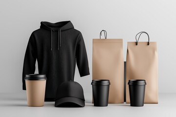 Stylish and modern merchandise mockup featuring caps, hoodies, mugs, and bags for a contemporary look
