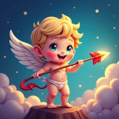 Chibi Cupid ready to launch arrow with playful smile, child, arrow