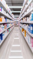 Obraz premium A brightly lit aisle in a pharmacy with neatly organized shelves displaying various health products and medications.