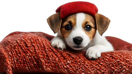 Jack russell terrier puppy wearing red cap holds big box. isolated on white background