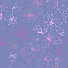 Butterflies are pink, blue, lilac, flying, delicate line art, clip art. Graphic illustration hand drawn in pink, lilac ink. Seamless pattern on a lilac background EPS vector.