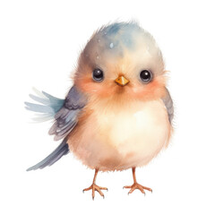 A charming watercolor painting depicts a fluffy baby bird with large eyes and soft plumage.