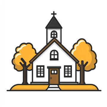recommend clip art: Simple illustration of a white church with autumn trees.