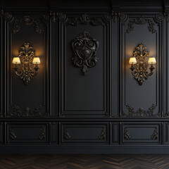 Black Luxury wall panel in classical style with sconces  