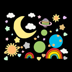 Collection of space parts stars, moon, sun, clouds coloring page . Space doodle outline illustration coloring book