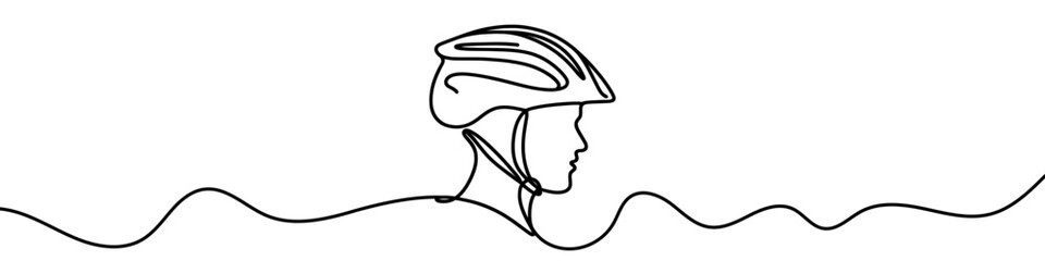 One continuous line illustration of a cyclist helmet, isolated on white background. Line art of a bike helmet