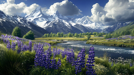 Majestic Mountain River Landscape with Blooming Lupines