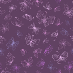 Butterflies are pink, blue, lilac, flying, delicate line art, clip art. Graphic illustration hand drawn in pink, lilac ink. Seamless pattern on a dark burgundy background EPS vector.