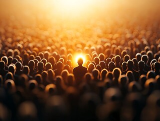 Fototapeta premium A solitary figure stands amidst a vast crowd, illuminated by a warm light, symbolizing individuality and hope in a sea of anonymity.