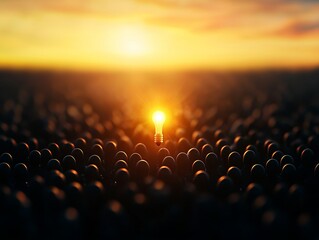 Obraz premium A glowing light stands out amidst a sea of dark spheres, symbolizing hope and inspiration against a vibrant sunset backdrop.