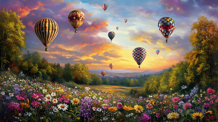 Obraz premium Hot Air Balloons over Flower Meadow at Sunset
